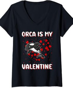 Womens Orca Is My Valentine Heart Shape Orca Fish Valentine V-Neck T-Shirt