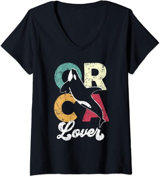 Womens Love Orca Vintage Retro, Killer Whale Gift Orcas V-Neck T-Shirt