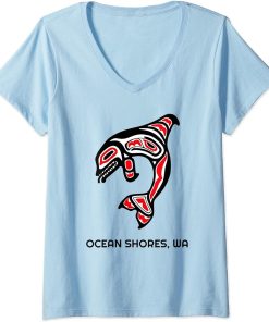 Womens Ocean Shores, Washington Native American Orca Killer Whales V-Neck T-Shirt