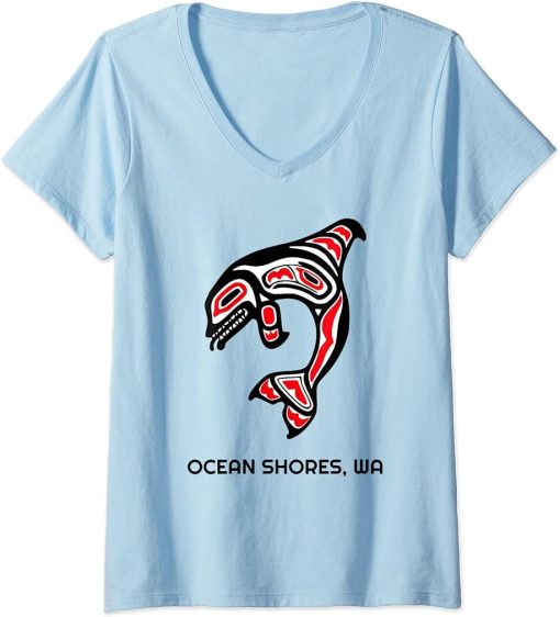 Womens Ocean Shores, Washington Native American Orca Killer Whales V-Neck T-Shirt